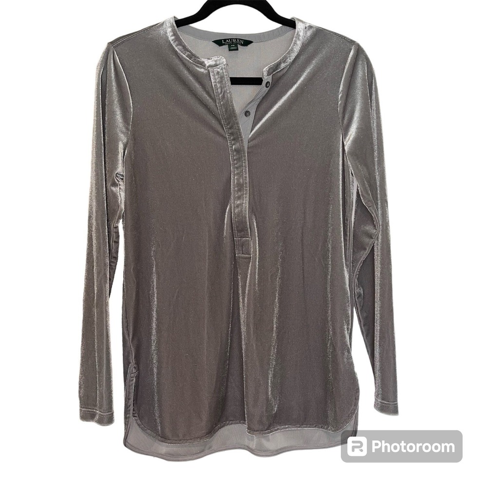 Ralph Lauren Silver Top Long Sleeve 1/2 Button Velvet Pullover Stretch Party SP